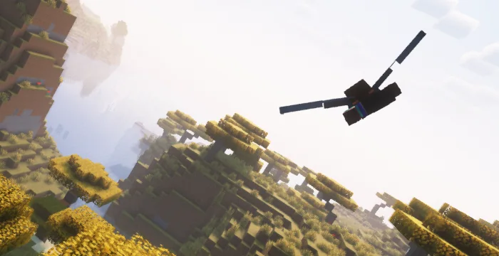 Minecraft player flying with elytra over a bright landscape