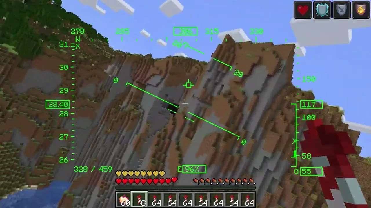 Minecraft elytra flight with an aviation-style HUD overlay